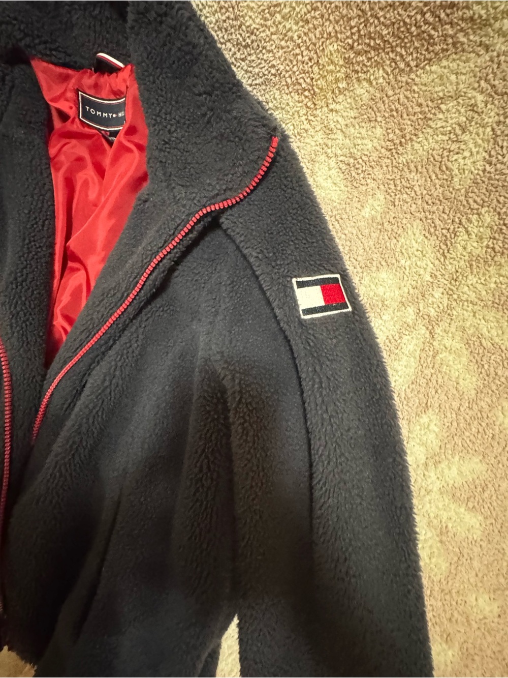 Tommy Hilfiger Black Teddy Jacket with Red Lining and Trim